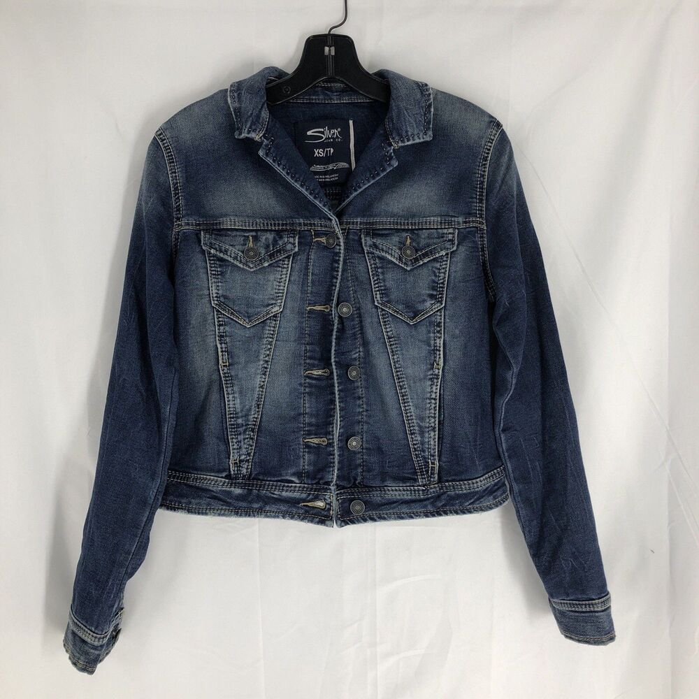 Women's Sz XS Silver Jeans Co Denim Cropped Trucker Jean Jacket